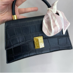 Black Croc-Texture Top Handle Handbag for Women
