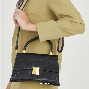 Black Croc-Texture Top Handle Handbag for Women